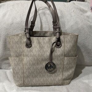 Michael Kors Taupe Beige Signature Tote with MK Charm
